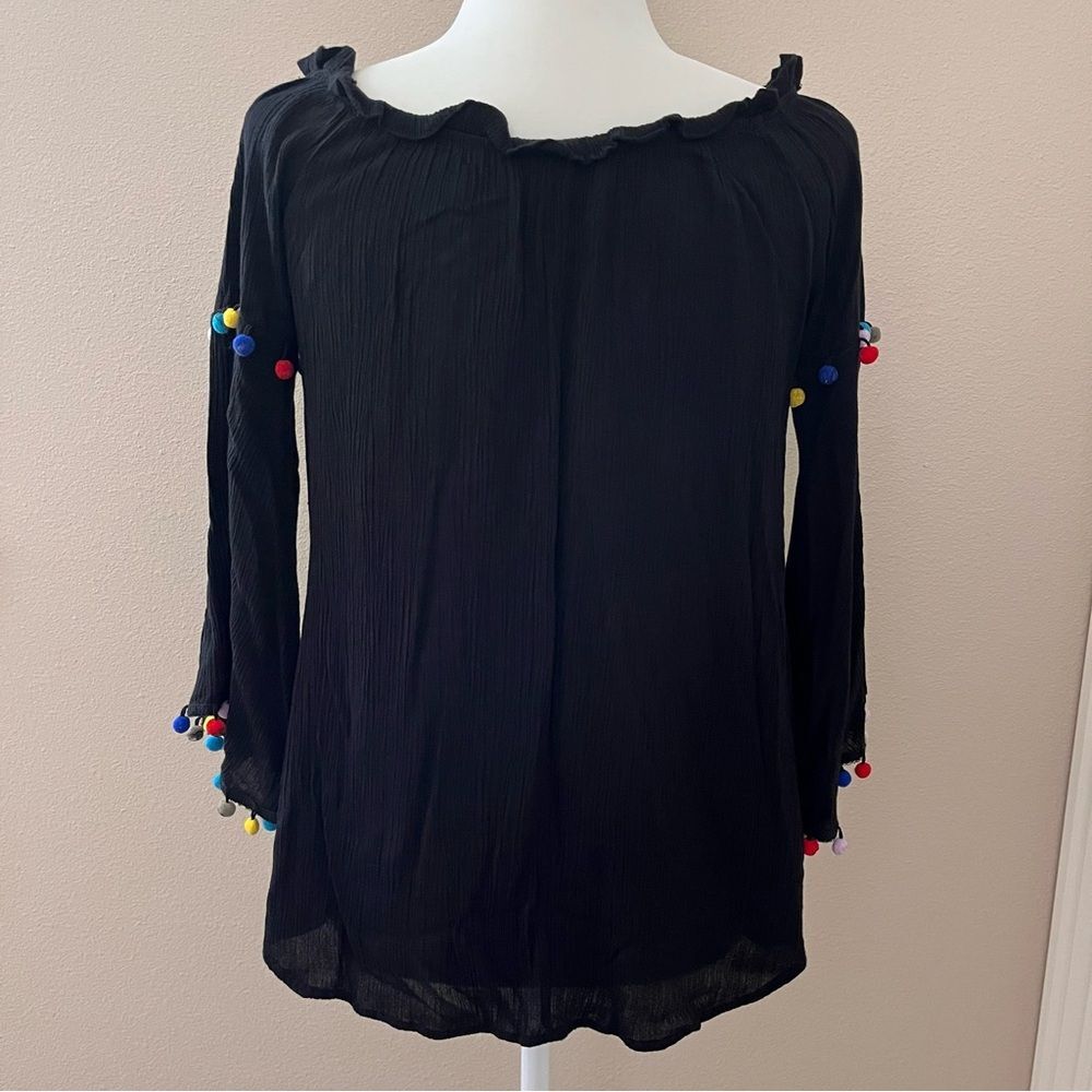 Ces Femme Off the shoulder, top black with pom-poms size small bell sleeves
